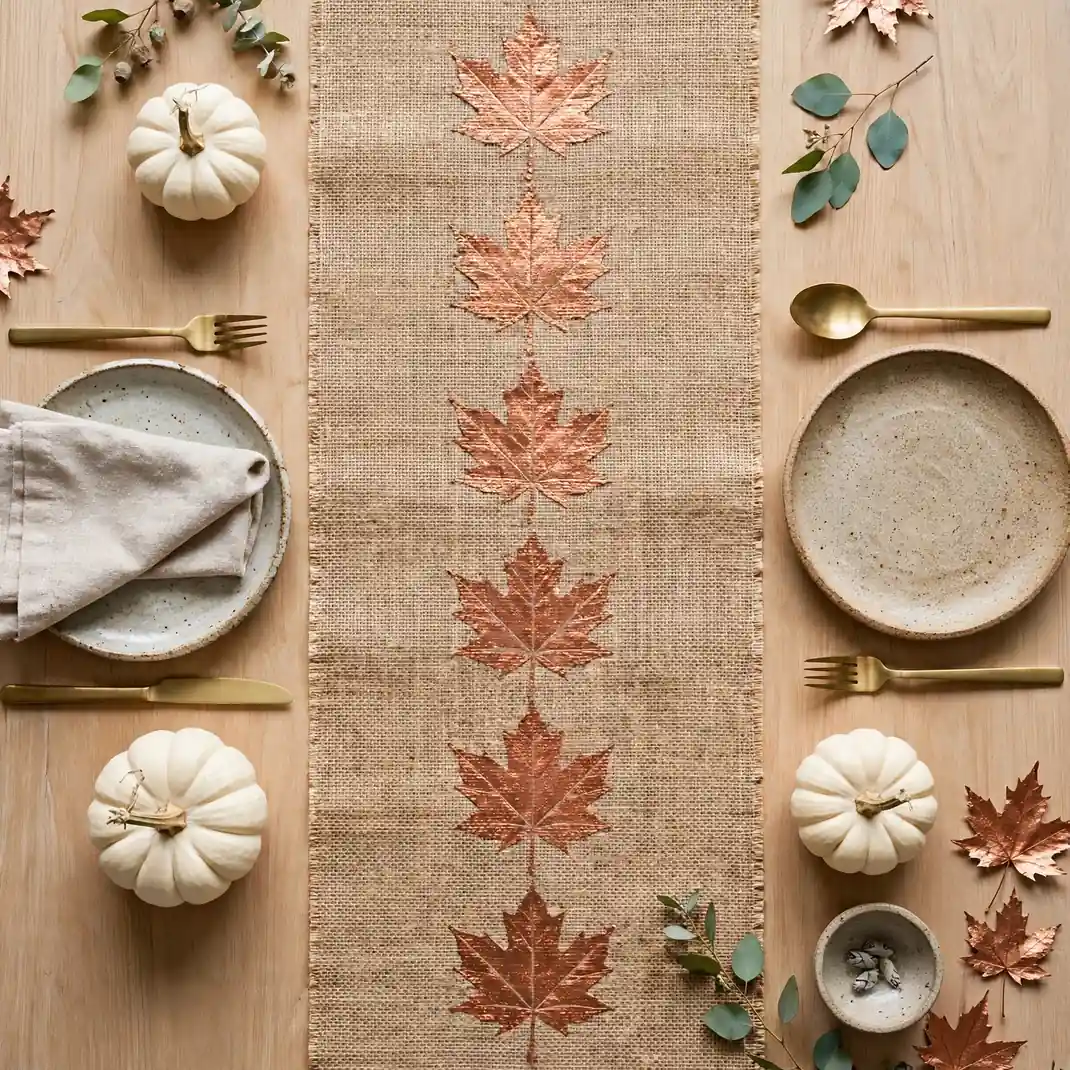 Design 09 Leaf Stencil Burlap Table Runner