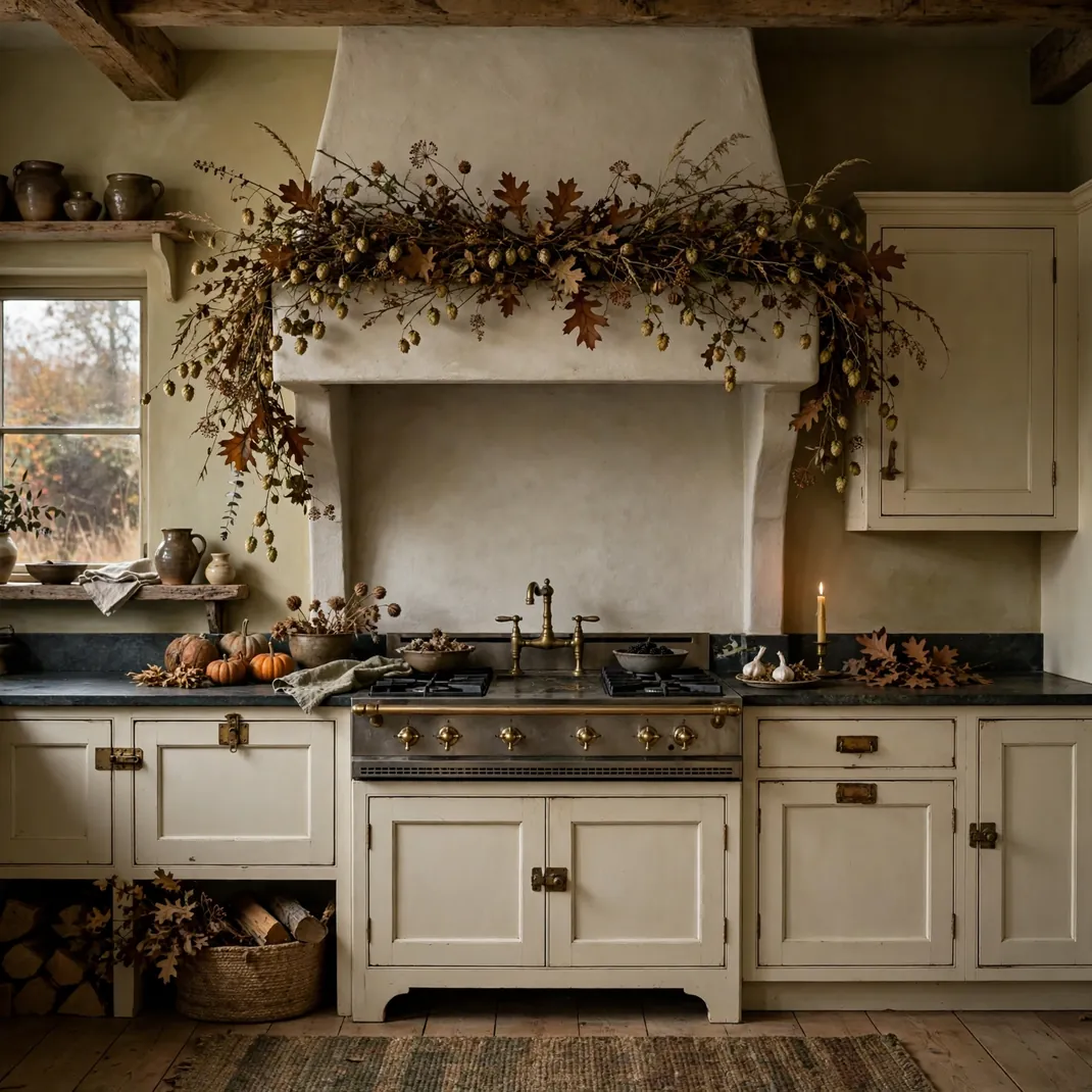 Design 1 Crown The Range Hood With Dried Hops And Russet Leaves