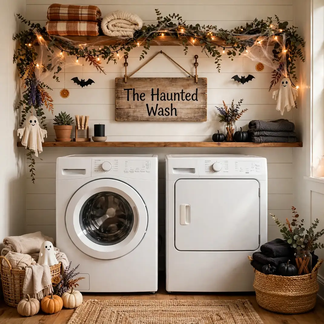 Design 1 Haunted Laundromat Sign Above Machines