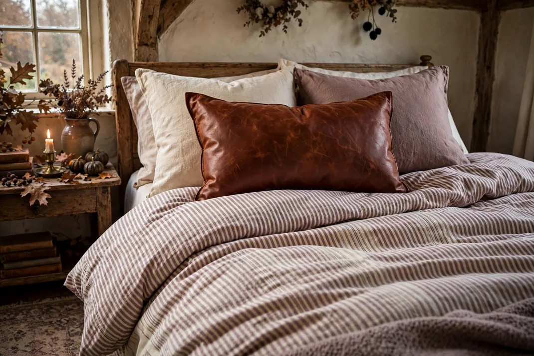 Design 10 Mix Mauve Ticking With Paprika Leather