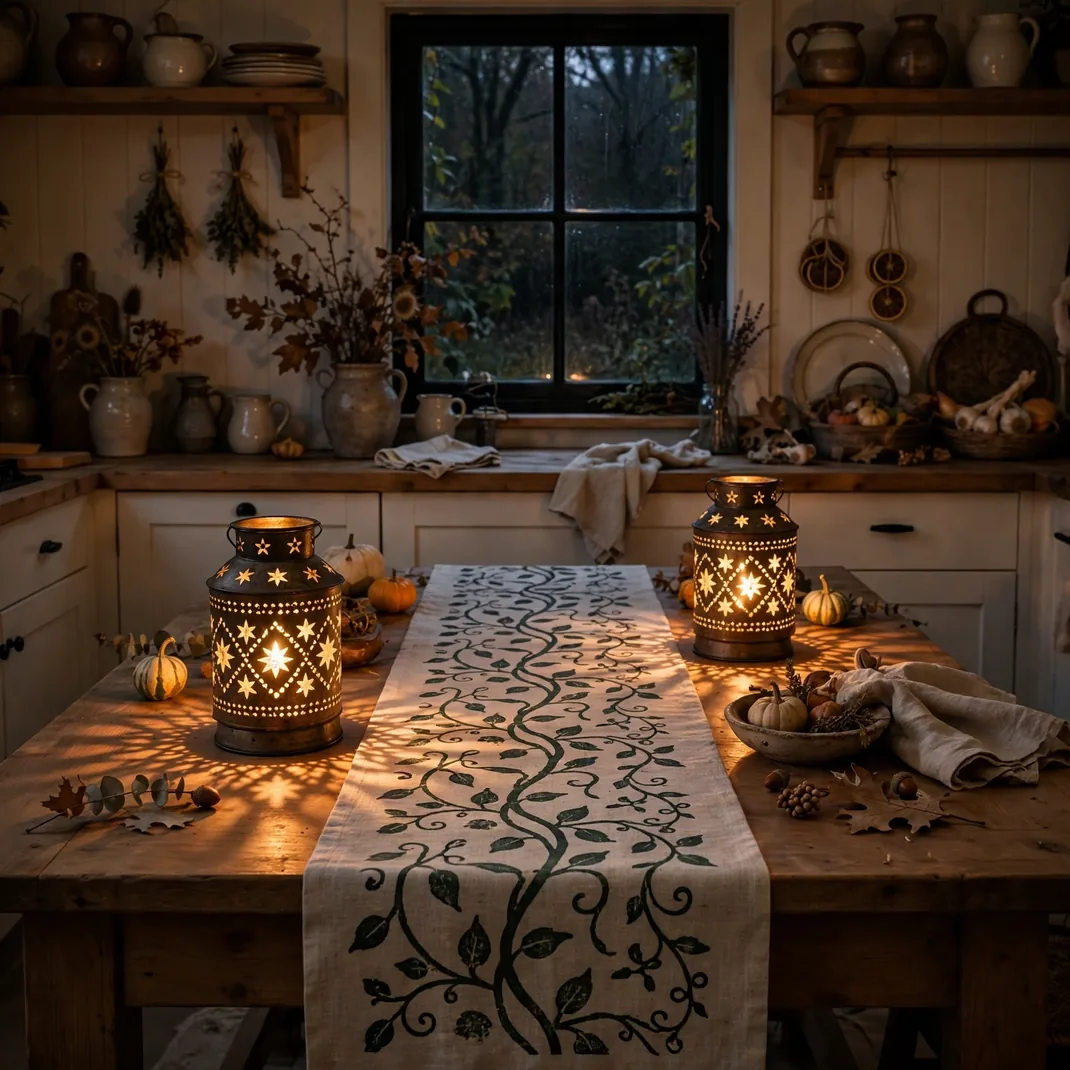 Design 12 Lay A Block Printed Runner Beneath Punched Tin Lanterns