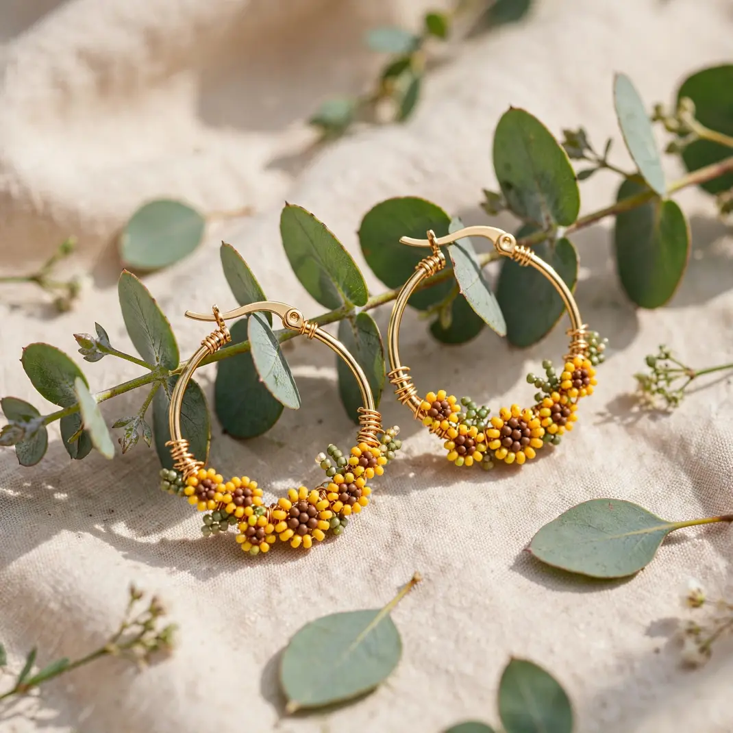 Design 14 Sunflower Bead Hoop Earrings
