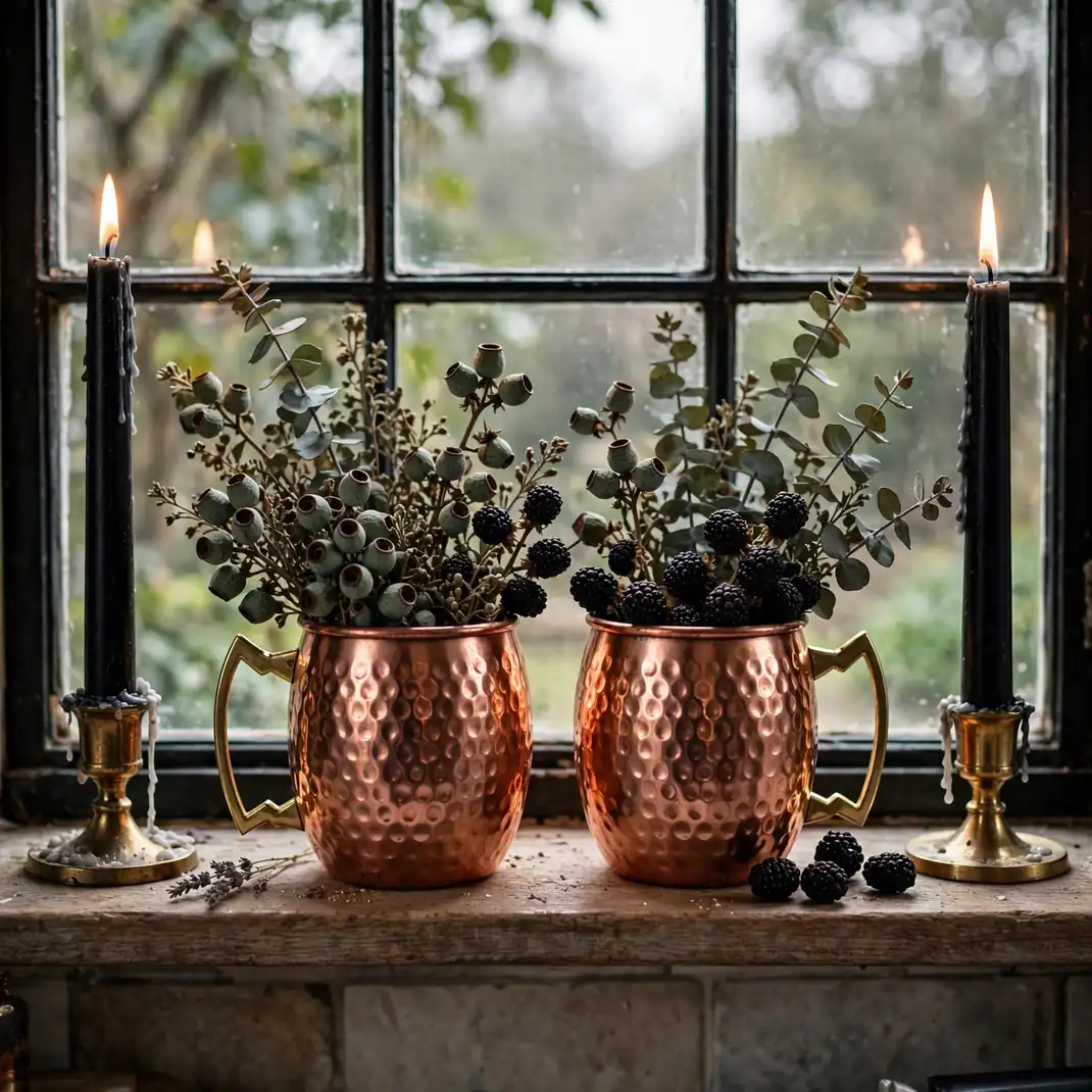 Design 17 Pair Copper Mugs With Eucalyptus And Black Tapers