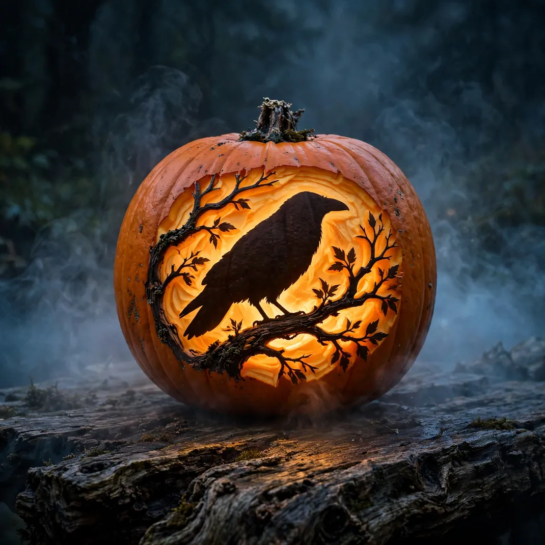Design 18 Raven On A Branch Pumpkin
