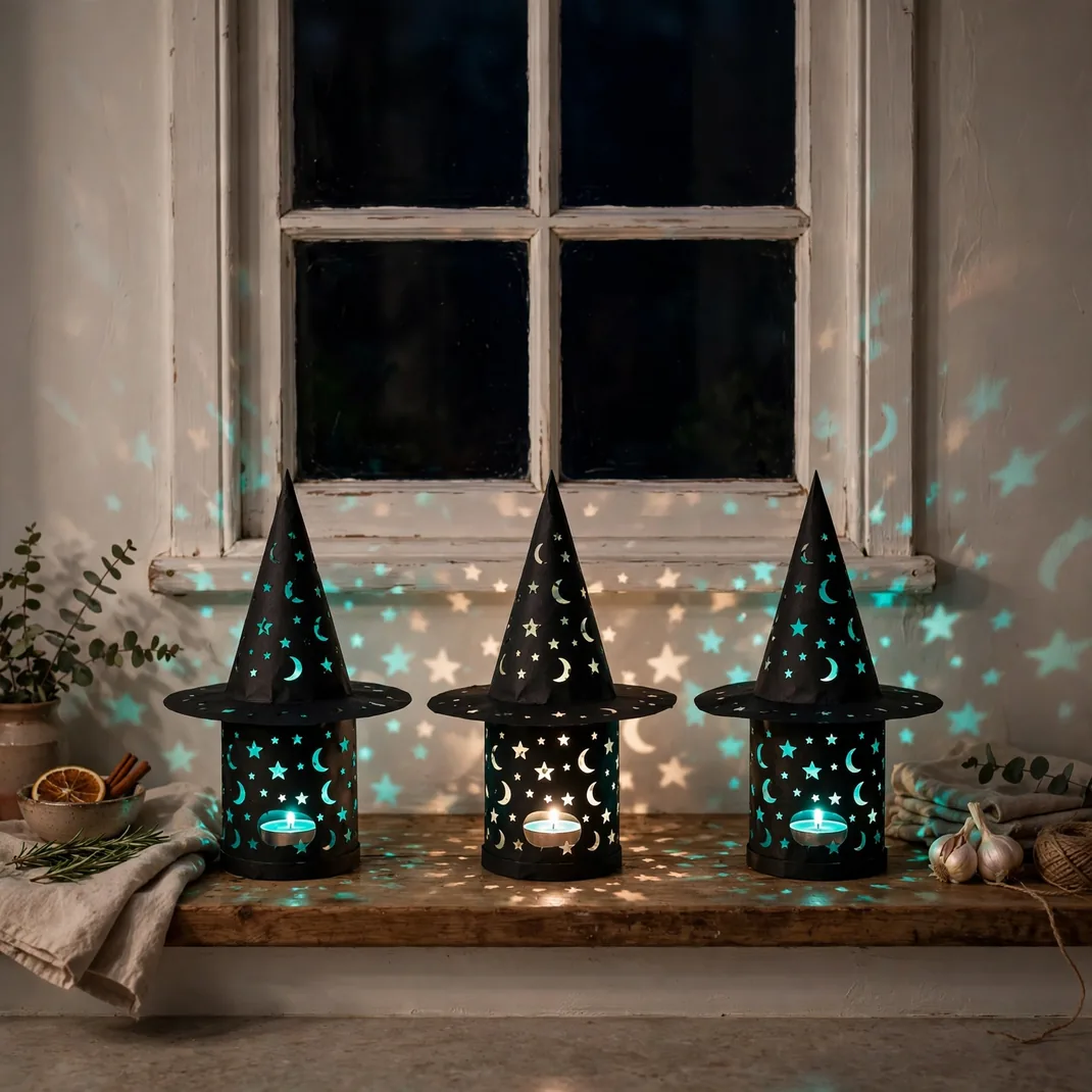 Design 19 Set Witch Hat Luminaries Glowing On The Sill