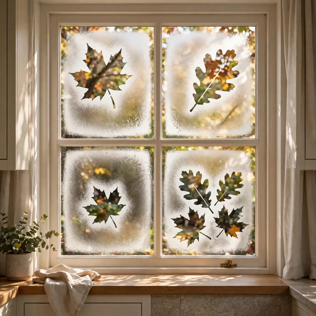 Design 21 Spray Frosted Glass With Leaf Stencils