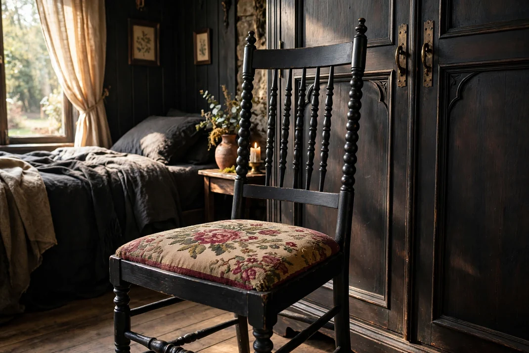 Design 23 Add An Ebonized Spindle Chair With Needlepoint