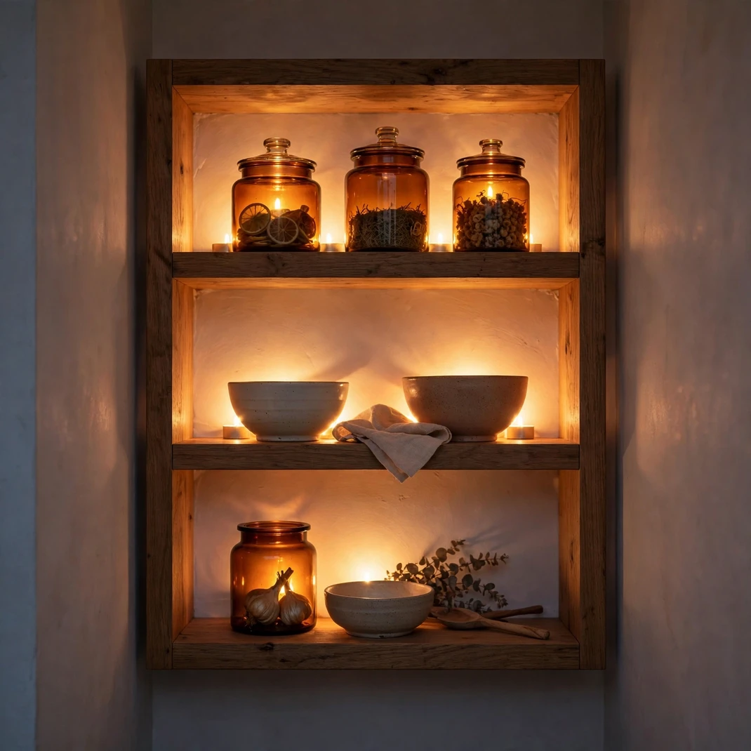 Design 3 Backlight Open Shelves With Tea Lights Behind Jars