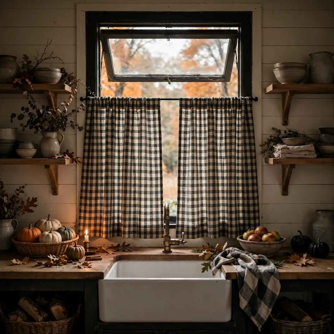Design 4 Frame The Window With Smoke Checked Cafe Curtains