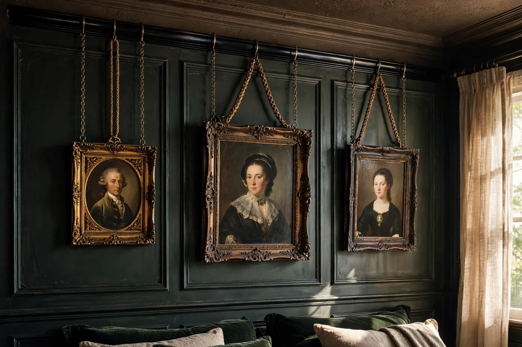 Design 6 Suspend Portraits From A Black Picture Rail