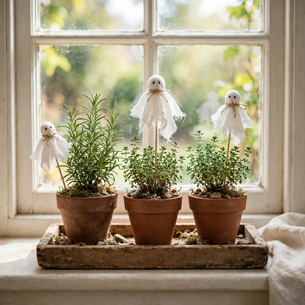 Design 9 Dress Herb Pots With Tiny Gauze Ghosts